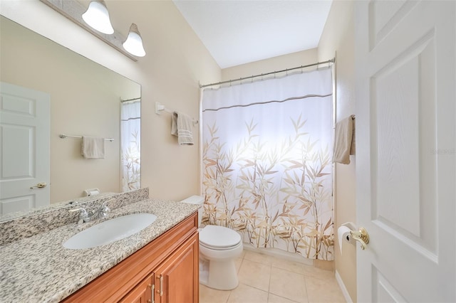 full bathroom with toilet, vanity, tile patterned floors, and shower / bathtub combination with curtain