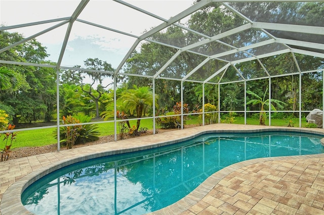 view of swimming pool with a lanai and a patio area