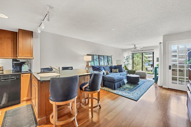 kitchen with dishwasher, a kitchen breakfast bar, rail lighting, sink, and ceiling fan