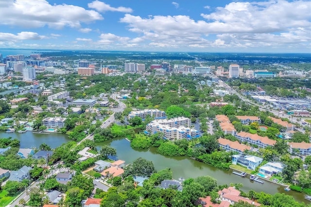 bird's eye view with a water view