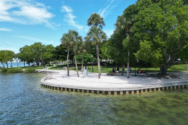 view of community with a water view