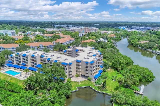 bird's eye view with a water view