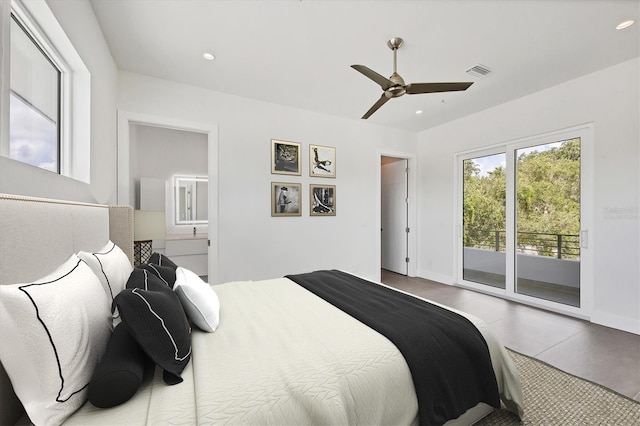 bedroom featuring access to outside, ensuite bath, and ceiling fan