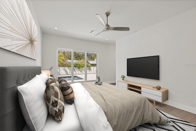 bedroom with recessed lighting, a ceiling fan, wood finished floors, access to outside, and baseboards