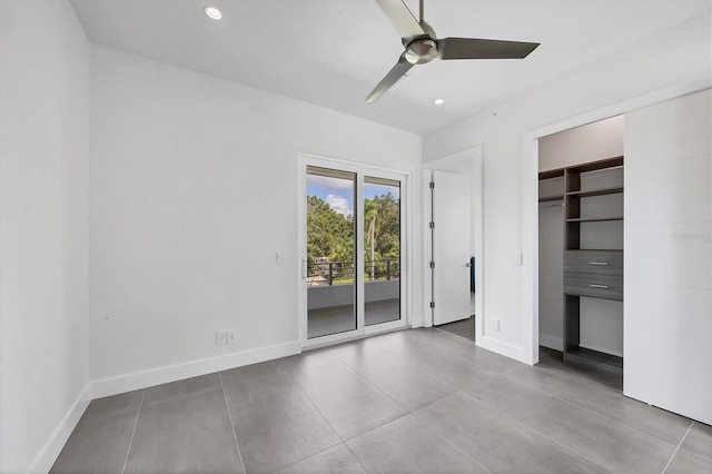 unfurnished bedroom featuring access to outside, ceiling fan, baseboards, and recessed lighting