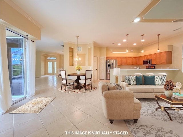 living room featuring light tile patterned floors, visible vents, crown molding, a notable chandelier, and recessed lighting