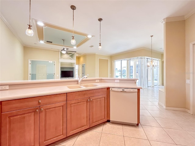 kitchen featuring light tile patterned floors, a sink, light countertops, dishwasher, and crown molding