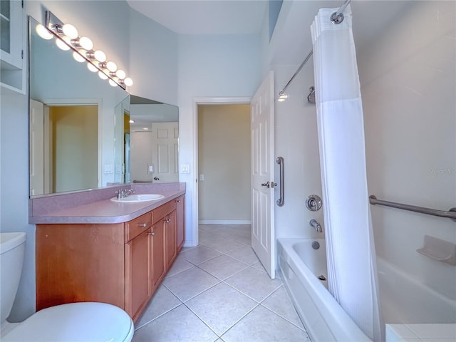 bathroom with shower / bath combo, baseboards, toilet, tile patterned floors, and vanity