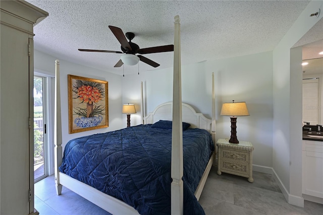 bedroom featuring access to outside, ceiling fan, a textured ceiling, and baseboards