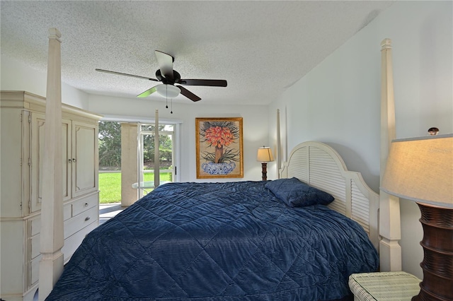 bedroom with access to outside, a ceiling fan, and a textured ceiling