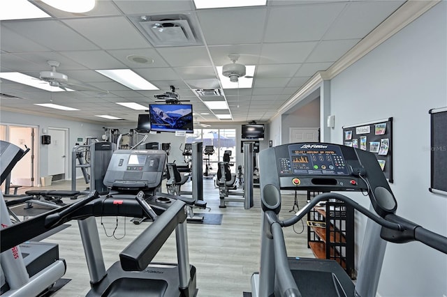 workout area with visible vents, a ceiling fan, a drop ceiling, wood finished floors, and crown molding