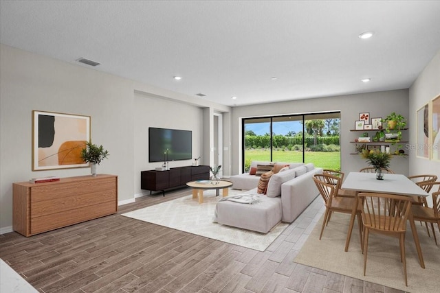 living room featuring hardwood / wood-style floors and a textured ceiling