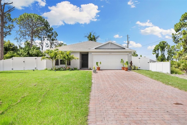 view of front of property featuring a garage and a front yard