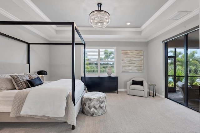 carpeted bedroom featuring an inviting chandelier, access to outside, crown molding, and a raised ceiling