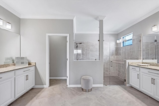 bathroom with ornamental molding, a shower with shower door, vanity, and tile patterned flooring