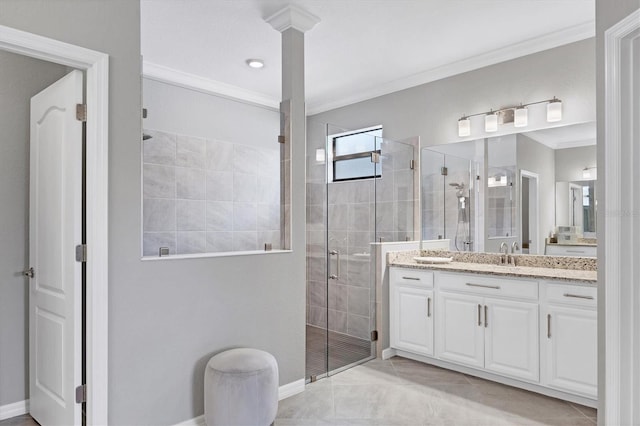 bathroom with vanity, tile patterned floors, and an enclosed shower