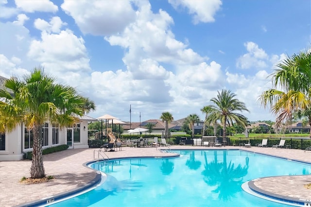 view of swimming pool featuring a patio