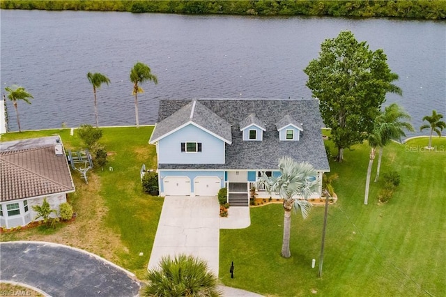 aerial view featuring a water view