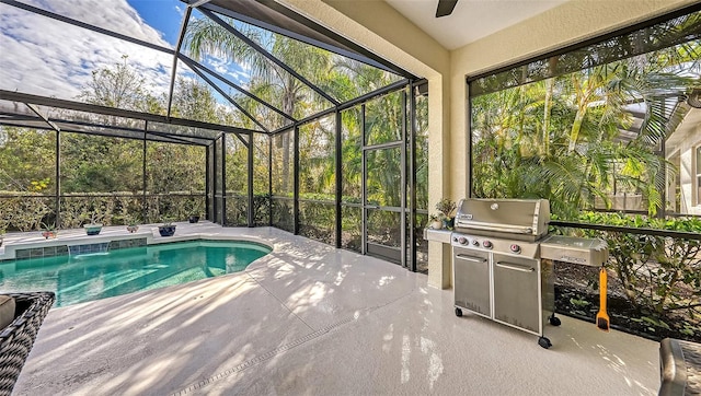 view of pool featuring a lanai and a patio