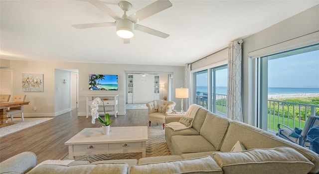 living room featuring hardwood / wood-style flooring and ceiling fan