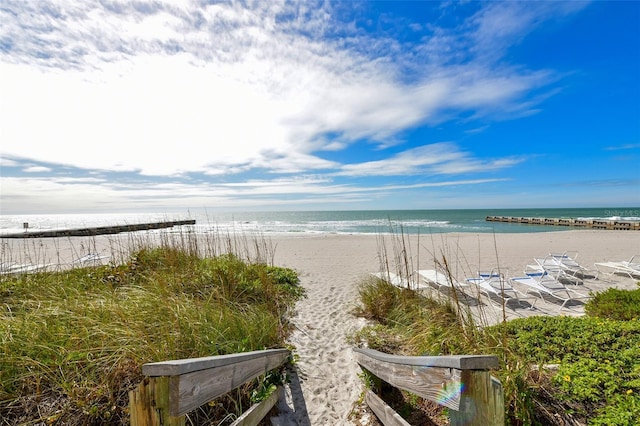 view of water feature featuring a beach view