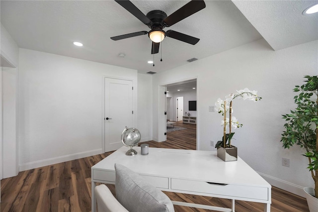 353 Suwanee Ave, Sarasota, FL 34243 - office area featuring baseboards, visible vents, dark wood-type flooring, and a ceiling fan
