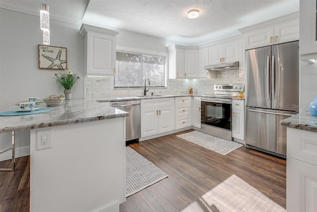 kitchen with appliances with stainless steel finishes, white cabinetry, backsplash, dark hardwood / wood-style flooring, and kitchen peninsula