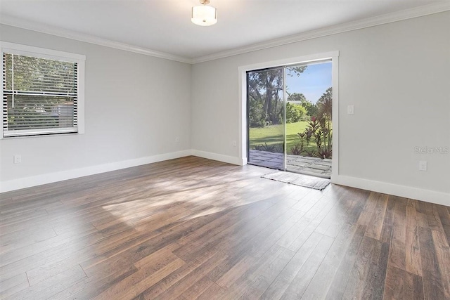 empty room featuring crown molding, plenty of natural light, and dark hardwood / wood-style floors