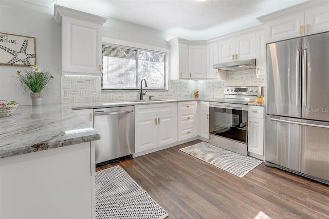 kitchen with sink, stainless steel appliances, dark hardwood / wood-style floors, light stone countertops, and white cabinets