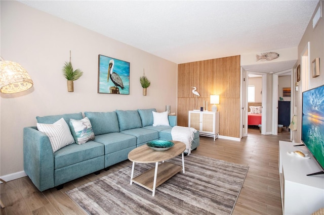 living room with a textured ceiling and wood-type flooring