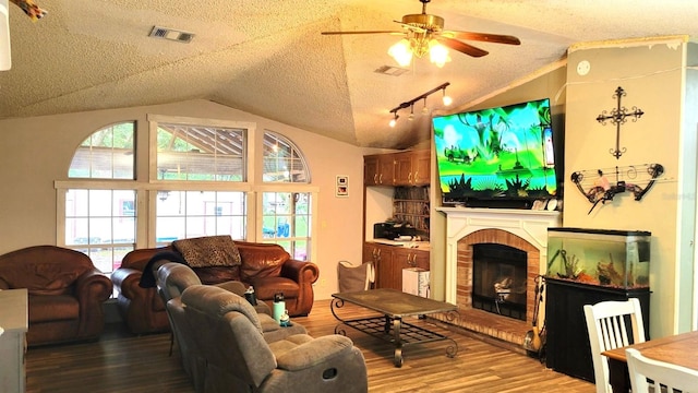 living room with a fireplace, hardwood / wood-style floors, a wealth of natural light, and a textured ceiling