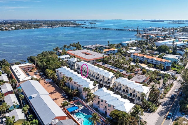 bird's eye view with a water view