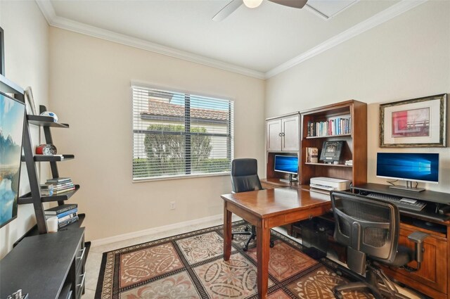 tiled office space featuring crown molding and ceiling fan