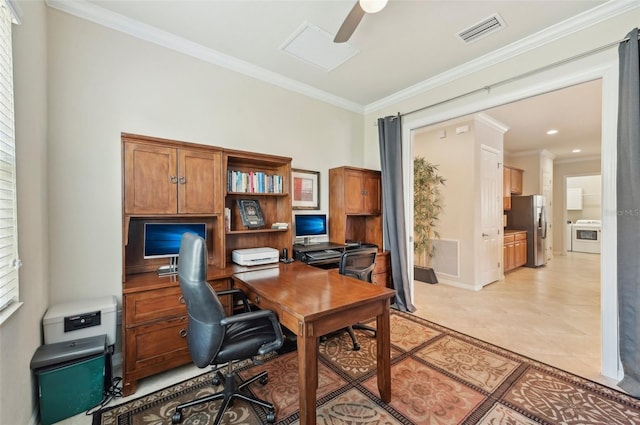 tiled home office featuring crown molding and ceiling fan