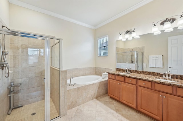 bathroom with shower with separate bathtub, double vanity, tile patterned flooring, and ornamental molding