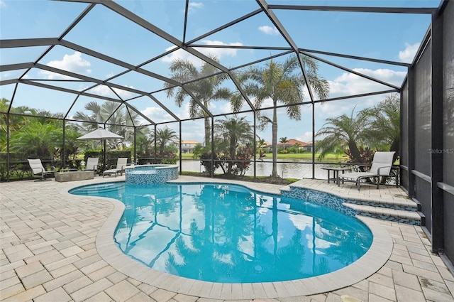 13215 Ramblewood Trl, Bradenton, FL 34211 - view of swimming pool with a water view, a patio, a pool with connected hot tub, and glass enclosure