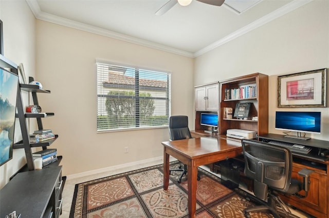 13215 Ramblewood Trl, Bradenton, FL 34211 - home office with a ceiling fan, light tile patterned floors, baseboards, and ornamental molding
