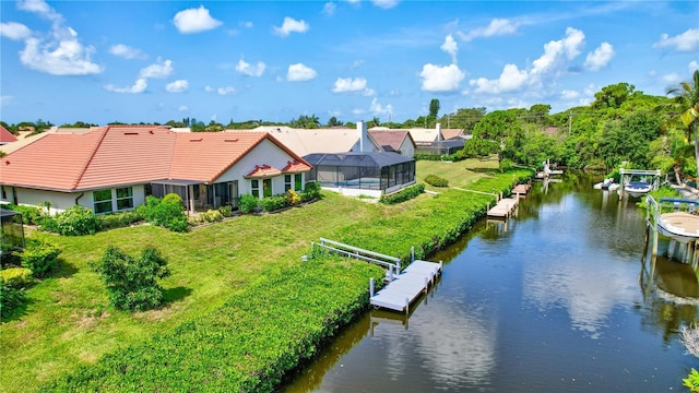 bird's eye view with a water view