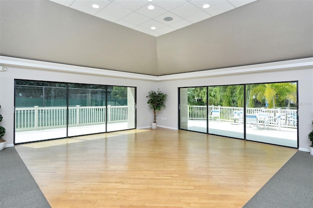 unfurnished room featuring light hardwood / wood-style floors and a high ceiling