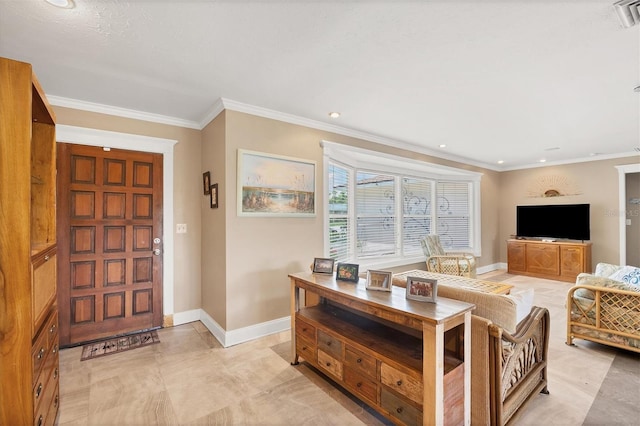 interior space with light tile patterned floors and ornamental molding