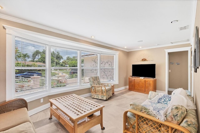 tiled living room featuring crown molding