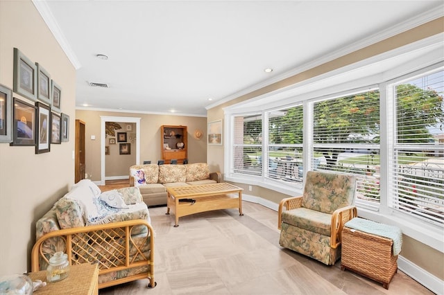 living room featuring ornamental molding and light tile patterned floors