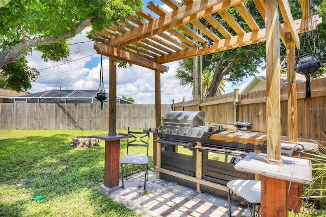 exterior space with a grill and a pergola