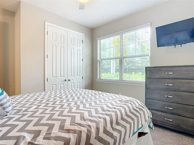 bedroom featuring ceiling fan, a closet, and multiple windows