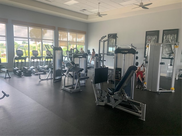 workout area with ceiling fan and a wealth of natural light