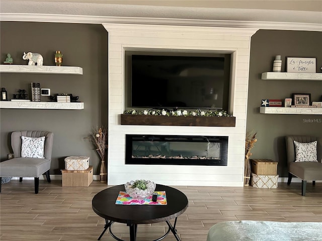 living room with crown molding, wood-type flooring, and a large fireplace