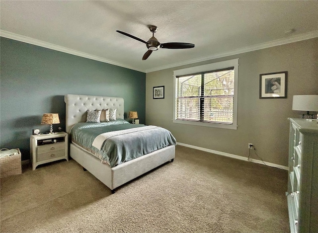 carpeted bedroom featuring ceiling fan and crown molding