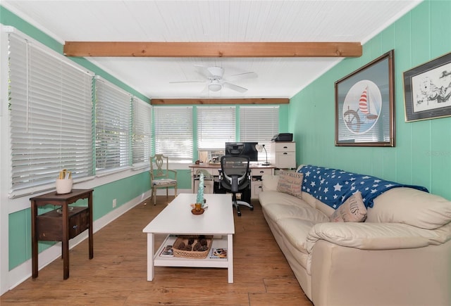 living room featuring beam ceiling, wood-type flooring, and ceiling fan