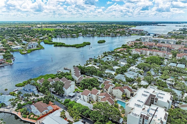 aerial view with a water view and a residential view