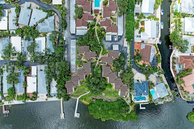 aerial view with a water view and a residential view